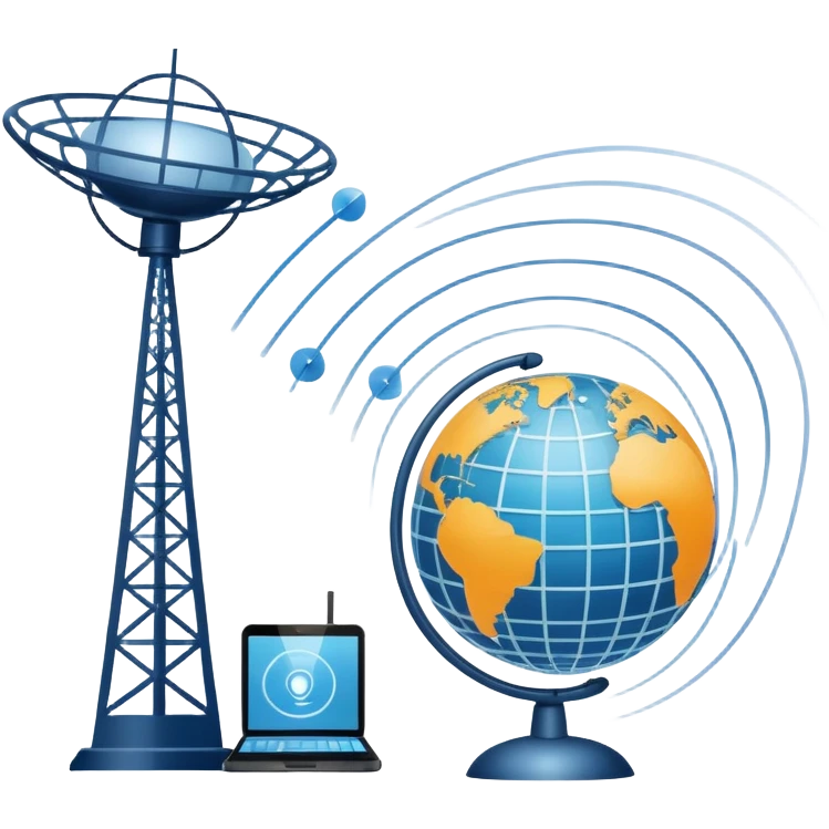 An icon featuring a satellite dish, cell tower with signal waves, and a globe connected by lines, symbolizing telecommunications. The design includes data signals, network nodes, and a mobile device, representing global digital communication. Transparent background emoji