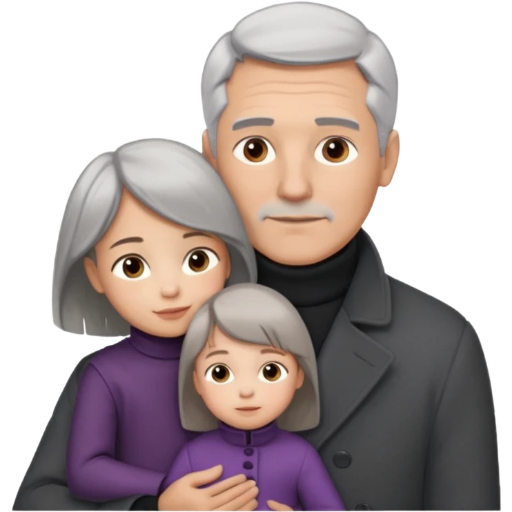 A father with silver-grey hair styled neatly and a clean-shaven face, wearing a dark turtleneck and wool coat, holding his girl child gently. The child has light brown hair and a soft white dress. Warm cinematic lighting, emotional close-up. emoji