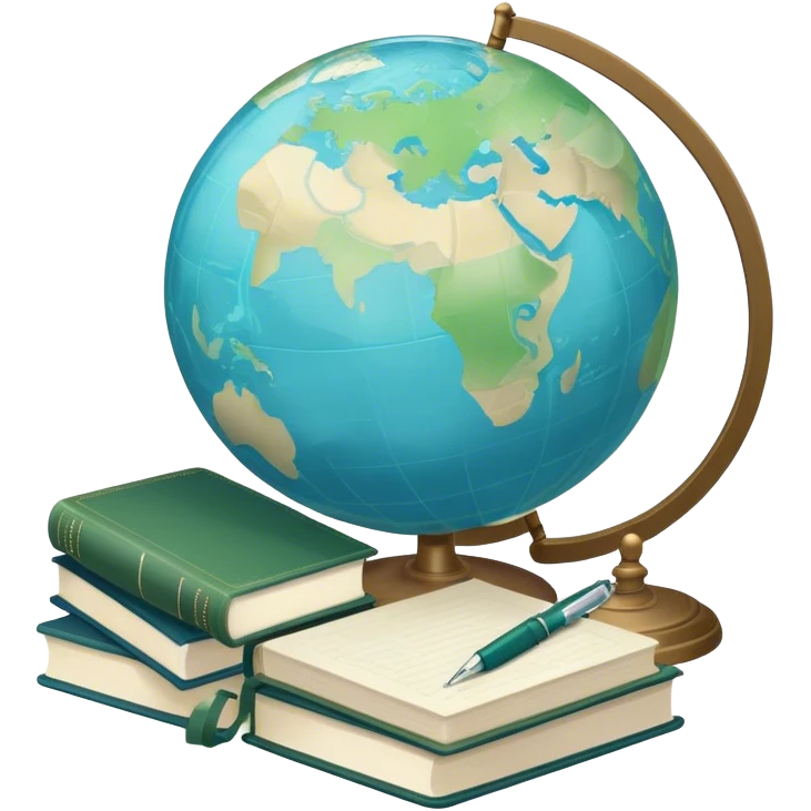 Create an emoji representing language translation. The design should feature just one globe in the background, symbolizing international communication. In front of the globe, place two books or sheets of paper with texs on them and a pen nearby to indicate the act of writing. Use a clean and professional color palette with blues, greens, and neutral tones. Make the background transparent. emoji