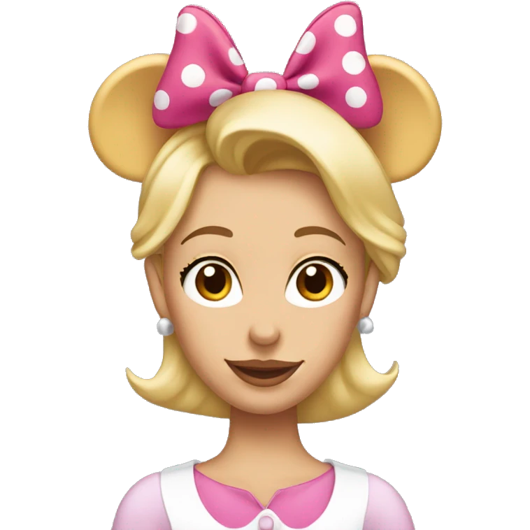 blonde woman with brown eyes wearing minnie mouse ears on hear head.  emoji