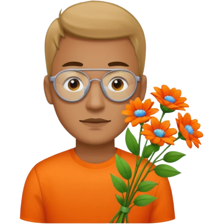 Man with bright orange shirt shirt carrying a bunch of flowers with a patch over his eye emoji