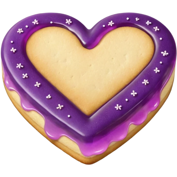 Realistic shortbread cookie in the shape of a heart with violet jelly middle filling and sprinkled powder sugar on top. emoji