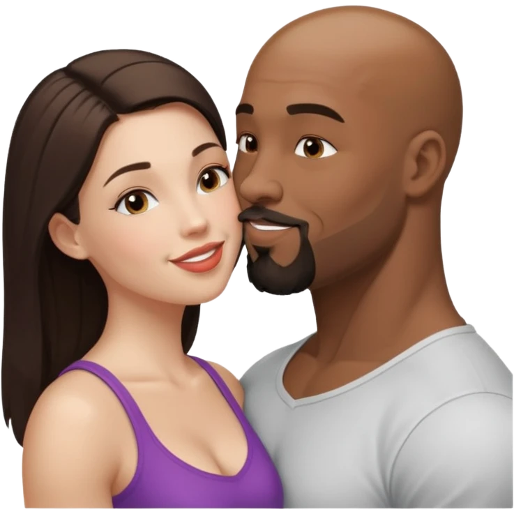 Bald black muscular goatee man kissing white brunette girl emoji