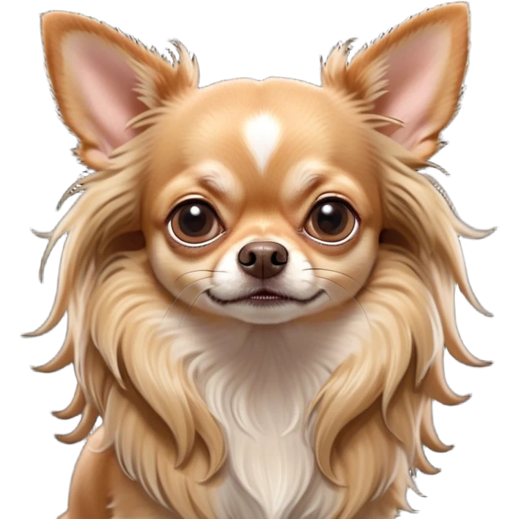 Cinematic Grumpy Long Haired Fawn Chihuahua Portrait Emoji, Head tilted slightly with a deeply unimpressed expression, thick, flowing fawn hair with natural highlights, large, droopy dark eyes narrowed into an unamused glare, ears slightly drooping in exasperation, Simplified yet comically expressive features, highly detailed, glowing with a dry, sarcastic glow, high shine, effortlessly judgmental yet dignified, stylized with a touch of cynicism, bright but brooding, soft glowing outline, capturing the essence of an eternally unimpressed yet endearing companion, so lifelike it feels like it could sigh heavily at you in disdain at any moment! emoji