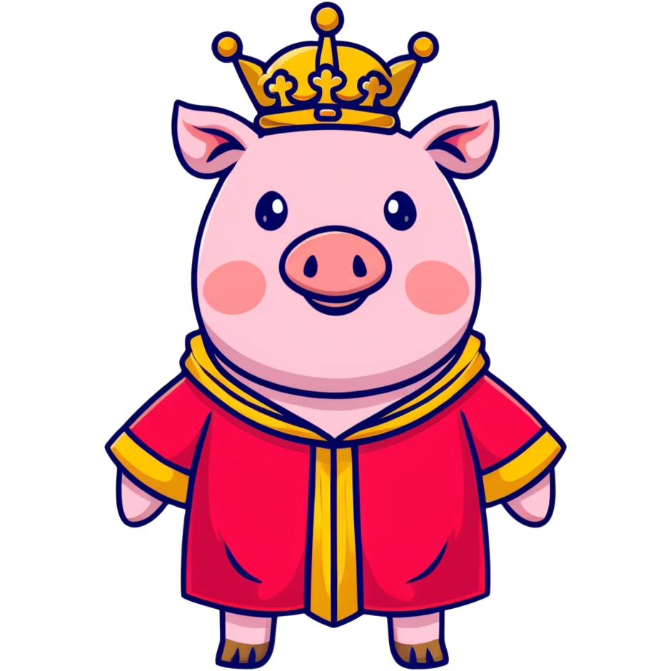 Pink pig wearing a golden crown and royal red robe, Technoblade emoji