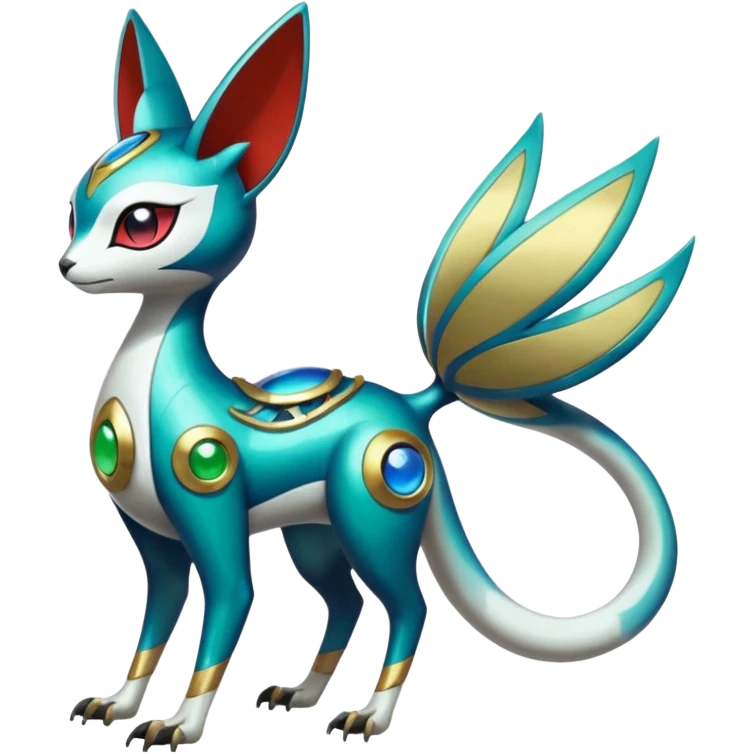 Shiny Colorful Futuristic Oriental Painted Asian Vernid-Trico-Meloetta-Latias-Koraidon-Peppercat-Protogen-Pokémon-Digimon-Fakémon-fusion-hybrid-creature emoji