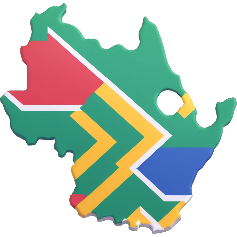 Create a 3D style illustration of the map outline of South Africa with the South African flag applied on it. The flag colors should be vivid and clearly visible, emphasizing the distinct colors of the South African national flag on the map shape. emoji
