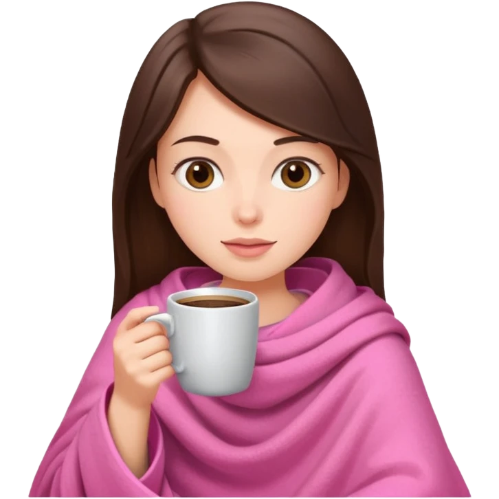 Brunette girl in pink blanket drinking coffee emoji