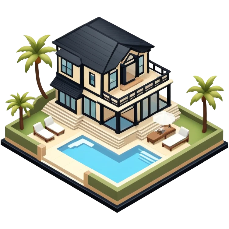 Malibu mansion, isometric dollhouse-style, realistic emoji