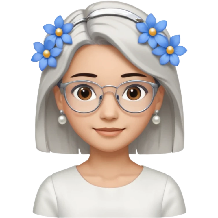  Emoji of a smiling girl with neck-length straight brown hair, fair tan skin, brown eyes, soft black brows, wearing silver glasses, pearl earrings, white hair clips, and blue flowers in her hair. She's in a clean white dress or shirt, with a soft clean girl aesthetic on a white background emoji