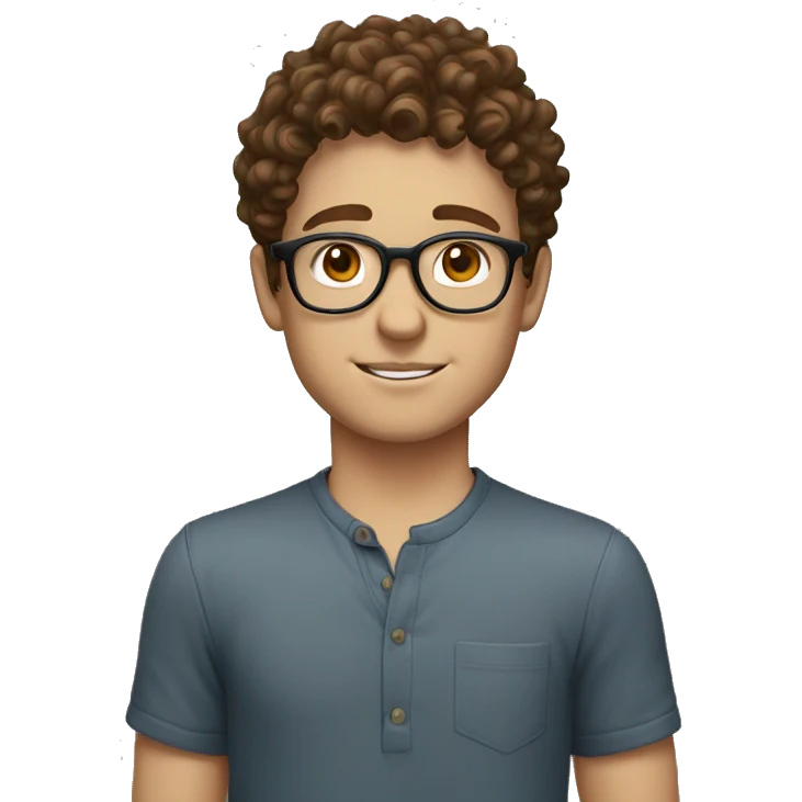 a white boy, with brown eyes, round glasses and brown short curly hair emoji