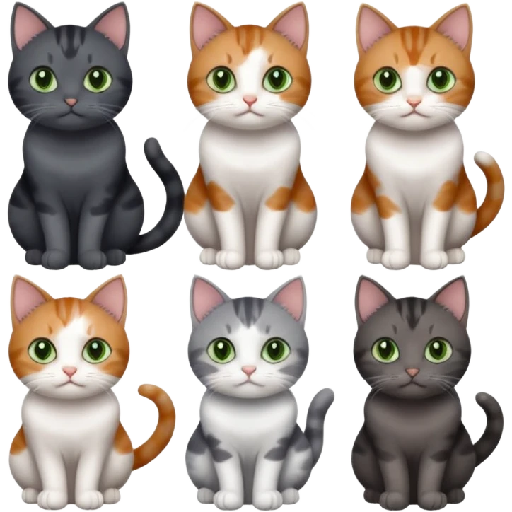 6 different coloured small cats including a dark grey and white, and a patchy calico, and a brown tabby and white,  and a completely solid dark grey with green eyes and only white paws emoji