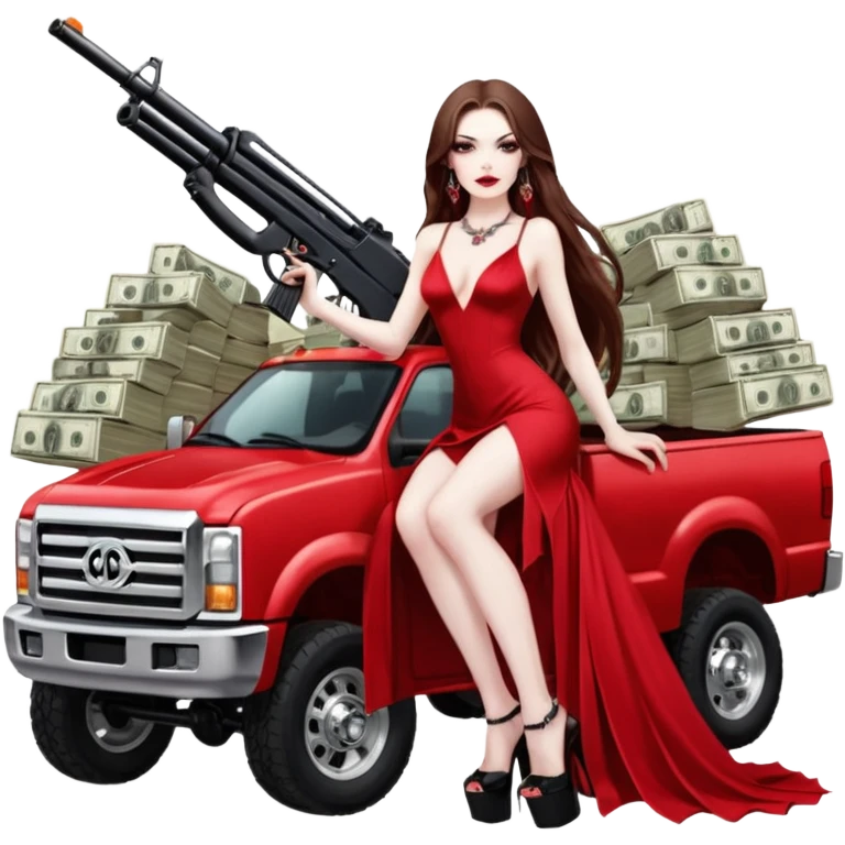 Lilith symbol red eye seductress evil long brown haired sexy succubus woman. Wearing Chanel  long dress with slit, sitting on top of a  giant lifted F350 pickup truck. Black Platform heels on feet. Back of truck full of stacks of cash, sitting behind her is  a human skull with a gun in other hand emoji