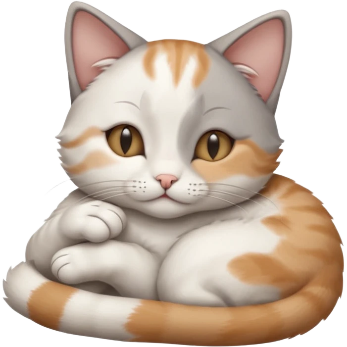 grey and white small cat with its eyes closed lying down with his paw curled under his head holding it up emoji