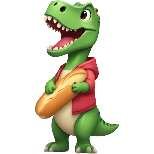 Dino wearing a hoodie eating a baguette emoji