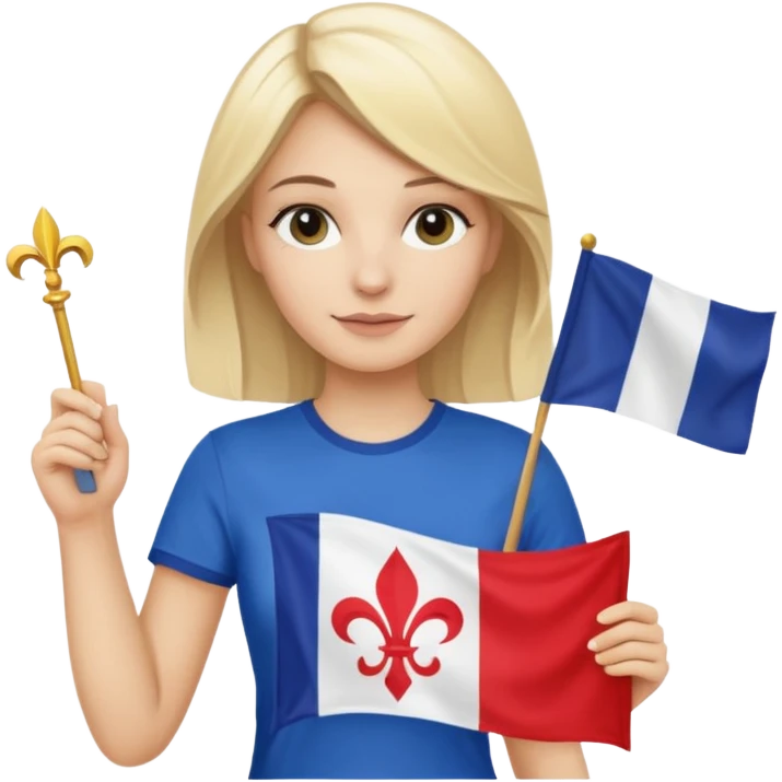 White woman with blonde hair holding a French flag in hand with a fleur-de-lily t-shirt emoji