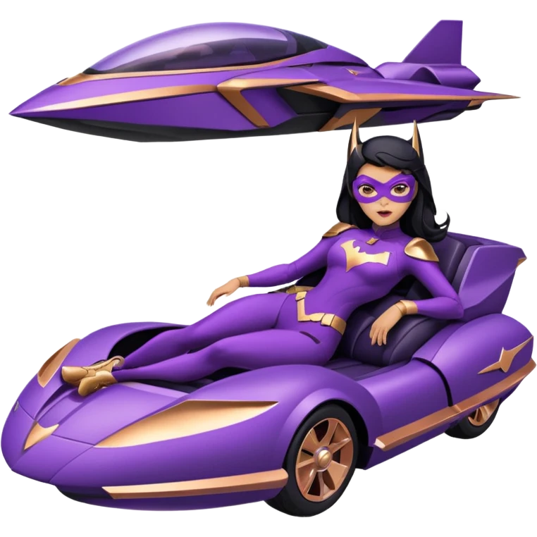Hot full size real-appearance racing action BatGirl’s feminine midnight-purple tight outfit sixty’s tv show 1992 stealth retro cat burglar sporty petite off-road pursuit hovering hover cruiser car rose gold accents (black hair,reclined and relaxed seating position and attitude) desert emoji
