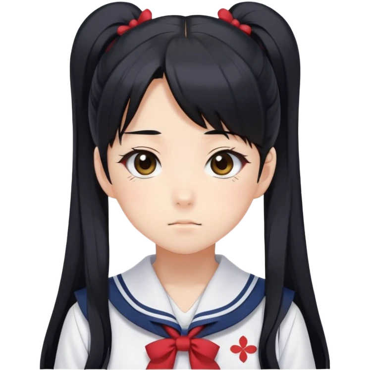 Serious anime girl with long black hair in high ponytail wearing Japanese sailor style school uniform, stern expression, kawaii style emoji