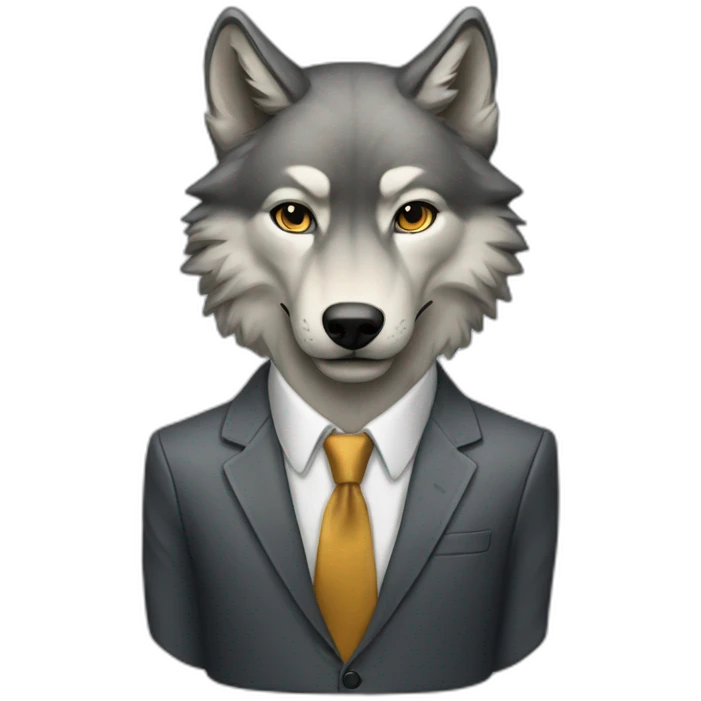 Portrait a wolf with a human-like face wears a sleek jacket and tie like a salesman emoji