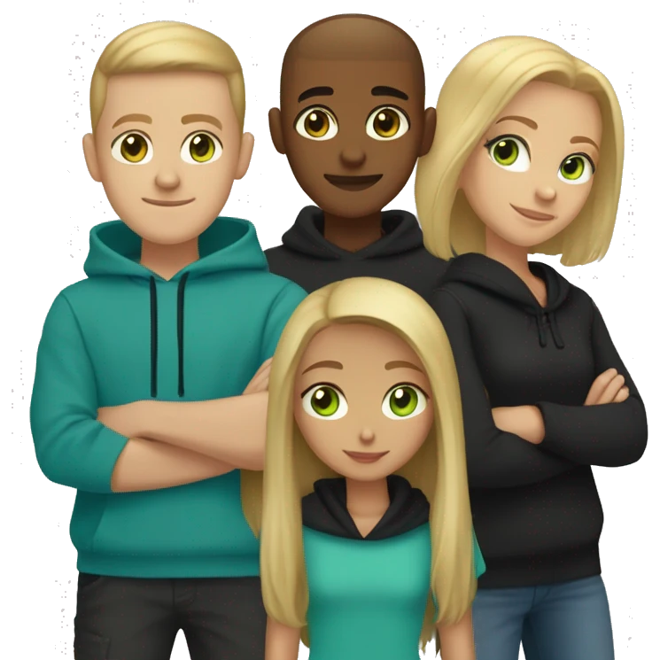 A couple with a light Brown Long hair girl and a Boy with a blonde buzzcut Both Wearing an black hoodie and the girl has light Green eyes the Boy has Blue eyes emoji