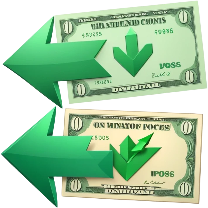 green downward-pointing arrow on the left, banknote on the right, side by side, representing lowering costs emoji