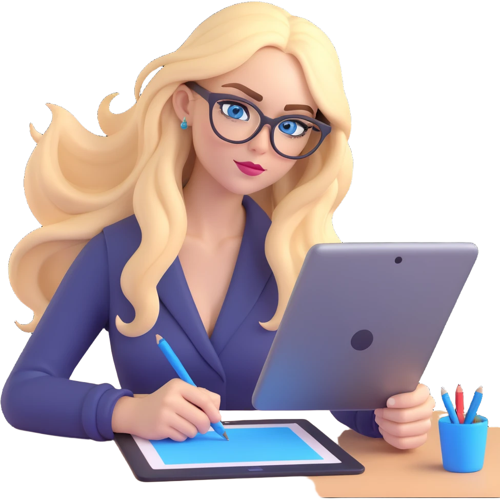 a blonde woman with long hair and blue eyes wearing black cat-eye glasses, drawing on a graphic tablet emoji