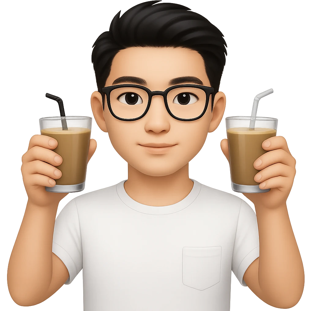 Change to a different, stylish hairstyle for a young and handsome Asian man with black coffee colored hair, wearing a white T-shirt, black framed glasses, holding glasses, very smart. Keep the emoji style look but use the general editor as emoji style does not support editing. Remove background. emoji