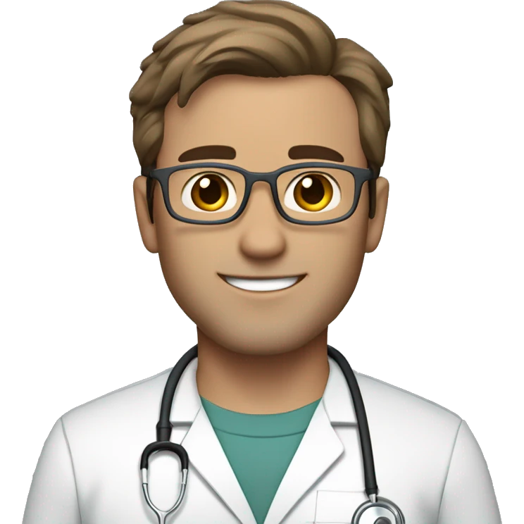 male Doctor in scrubs and stethoscope fair skin with brown hair and a little gray in it with gray eyeglasses and no lab coat emoji