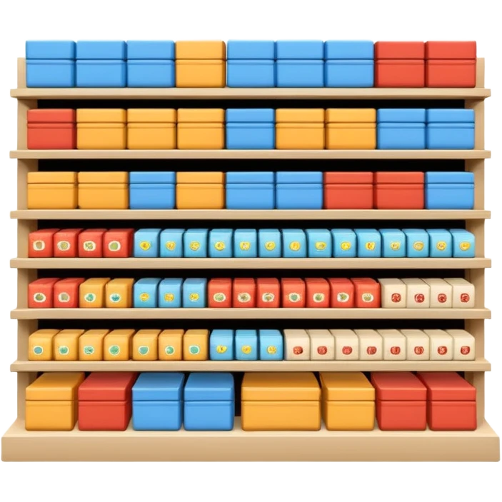 "Minimalist Japanese retail shelf display, products arranged in identical horizontal rows, with multiple units of each item placed directly behind one another, vertically varied by type, clean spacing, precise symmetry, soft neutral lighting, front-facing packages, ultra-detailed." emoji