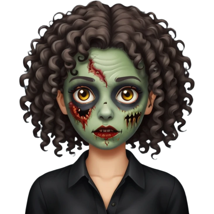 crie uma mulher de cabelo cacheado com pele de zumbi usando uma blusa preta emoji