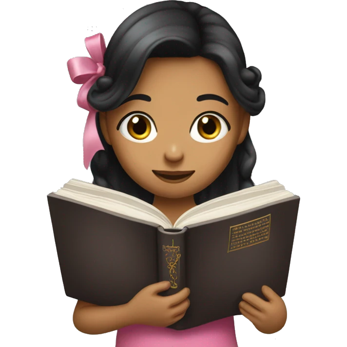 Girl with black long hair and a pink bow in her hair reading Bible  emoji