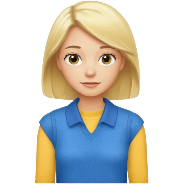 Blond lady shoulder length hair wearing yellow collared sleeveless shirt holding blue sweater emoji