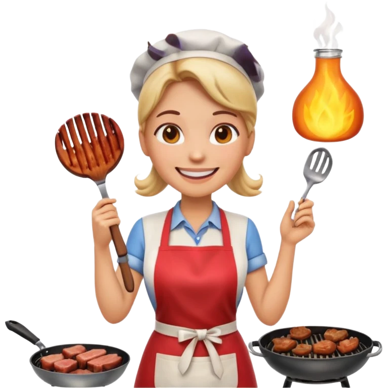 부엌에서 고기굽는 여자를 3D 이모지로 그려줘 emoji