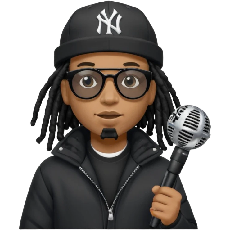 African American man with shoulder length black dreadlocks wearing black sunglasses with black bubble winter coat wearing black New York Yankees baseball hat rapping into a microphone emoji