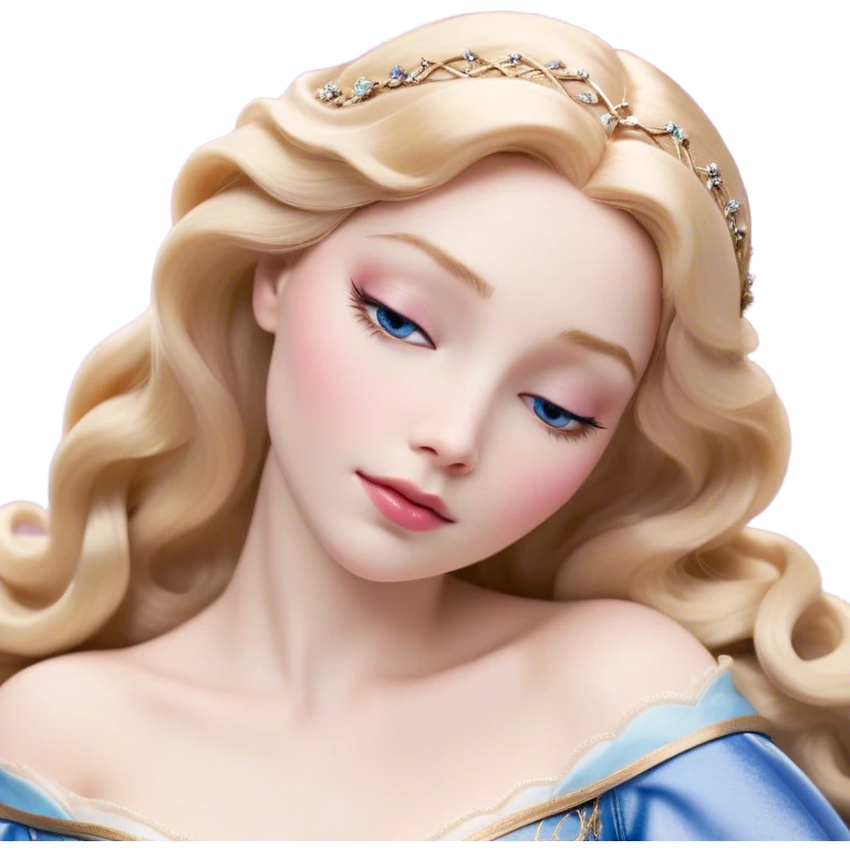 Cinematic Realistic Sleeping Beauty (Aurora) Portrait, with porcelain-like skin featuring a natural rosy flush, illuminated by soft lighting that highlights the gentle contours of her face. Her golden blonde hair flows in soft, detailed waves with subtle highlights that shimmer in the light. Her deep violet-blue eyes radiate warmth and innocence, framed by arched brows and long lashes. With a soft, serene smile, she holds a delicate rose gently in one hand, her other hand resting lightly by her side. She is dressed in her classic pink gown, the fabric rich in texture with delicate folds that catch the light. A golden crown rests atop her head, gleaming with royal refinement. The portrait captures a soft, glowing aura, blending realism with an ethereal sense of beauty and timeless enchantment. emoji