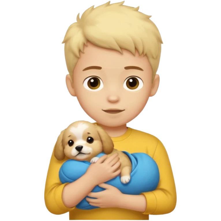 ["Light-skinned boy in yellow shirt, cradling a puppy."] emoji