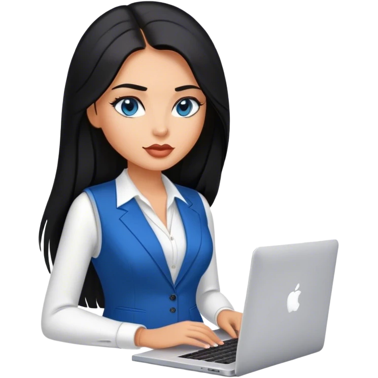 Model glamours tanned beautiful girl with pump nude lips and black straight smooth long hair, straight hair parting, blue eyes with MacBook and V-neck suit vest,  - only one person emoji