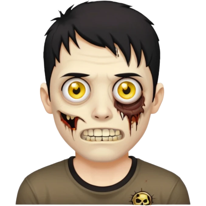 I want you to give me a zombie man who has golden teeth, yellow eyes, eyebrows and black hair, the hair I want to be a modcut cut and is wearing a brown affliction T-shirt and thin circular lenses emoji