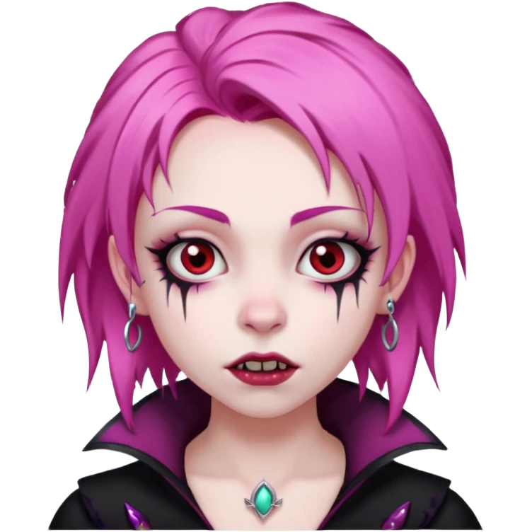 girl, pale vampire, pink hair, very long, shaggy, dark, spooky,double eyebrow dermal piercing, creepy expression emoji