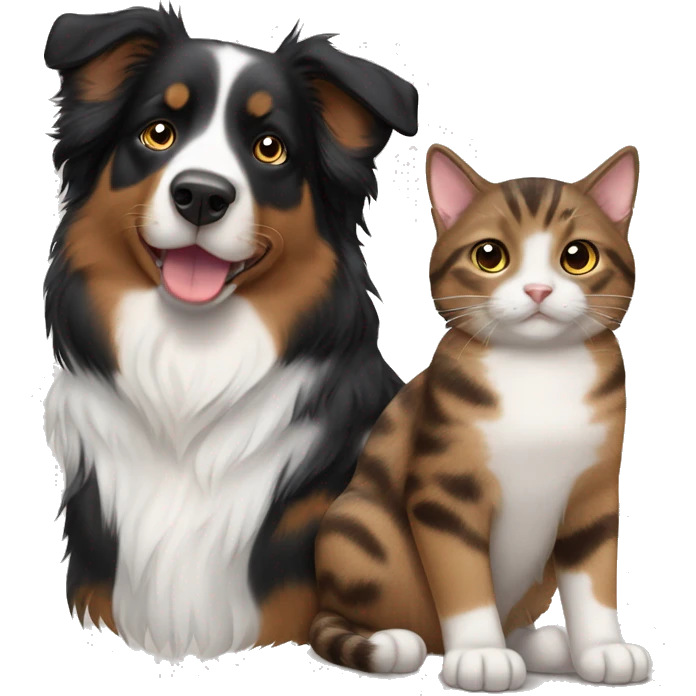 Black tricolor Australian Shepherd and two brown tabby cats emoji