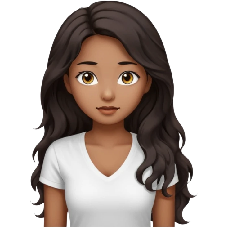 iOS style emoji. A girl with very long dark brown wavy hair. And the eyes color is dark brown. And she is wearing white t shirt with V kneck. And she is 30. She is Asian with double eyelids  emoji