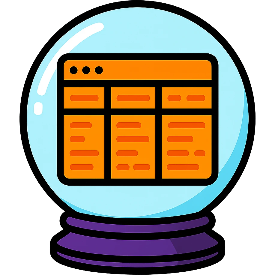 Enhance the crystal ball to be brighter with a strong glass effect. Inside the ball, replace the code with a glowing, unreadable table featuring rows and columns. The table should have orange text and lines, but not resemble code, maintaining a mysterious, digital hacker theme vibe. emoji