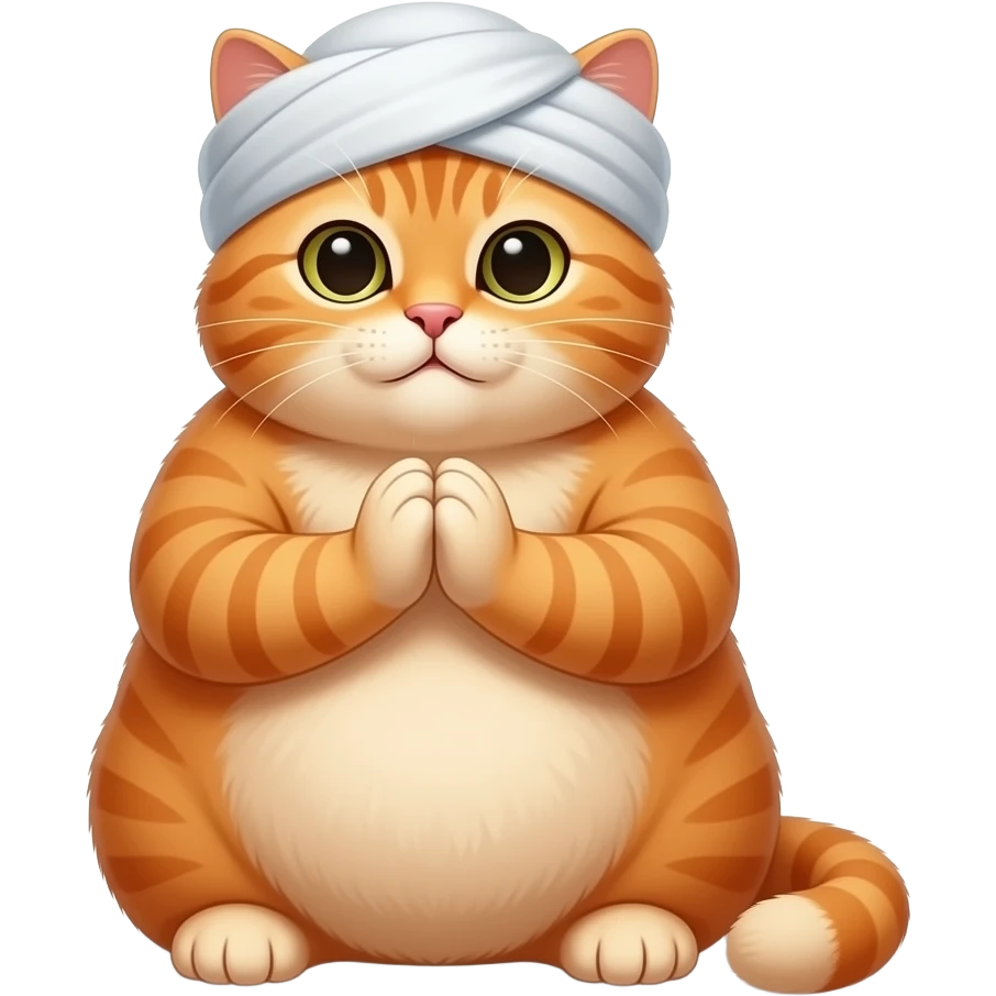 A fat orange cat with a muslim turban joins both front feet in prayer with palms facing upwards and say aameen emoji