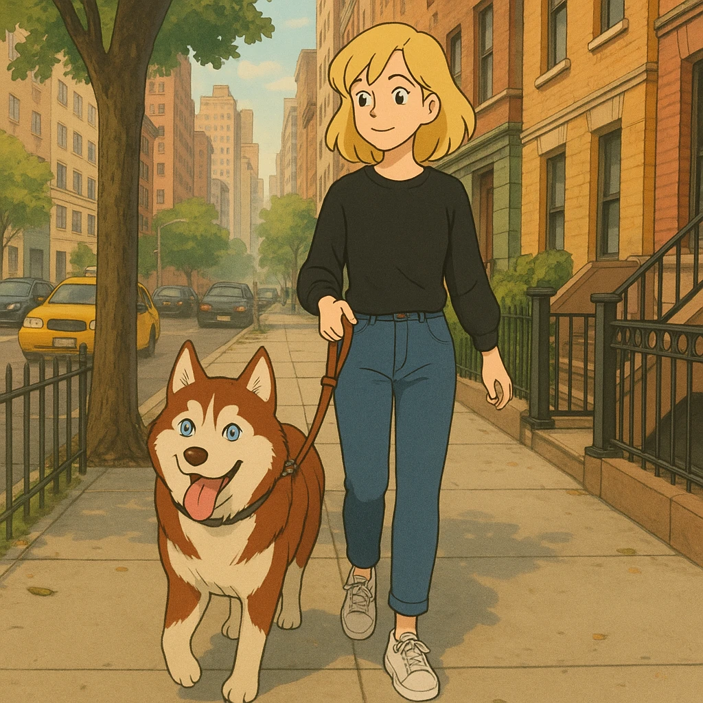 Cute Blonde woman wearing a black sweater and jeans and white sneakers walking a happy red-brown blue-eyed Siberian husky in New York City on an upper east side city sidewalk  emoji