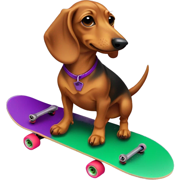 Brown and tan dachund on a green skateboard with purple flames  emoji
