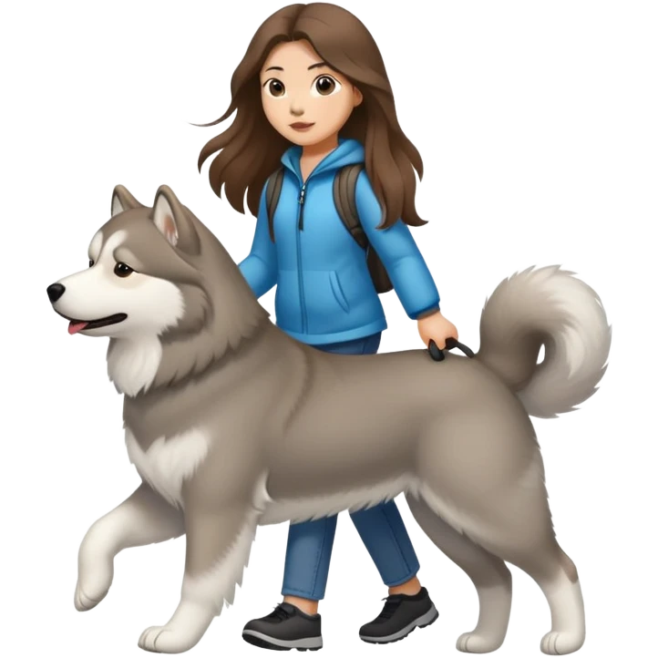 A girl with long brown hair walks a light gray Alaskan emoji