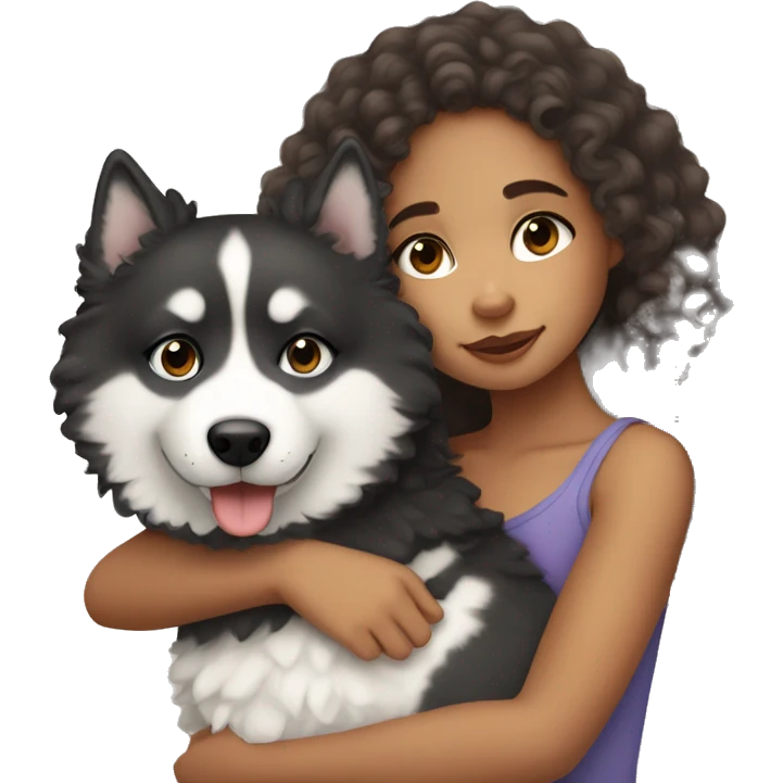 Biracial girl with curly hair cuddling a husky emoji