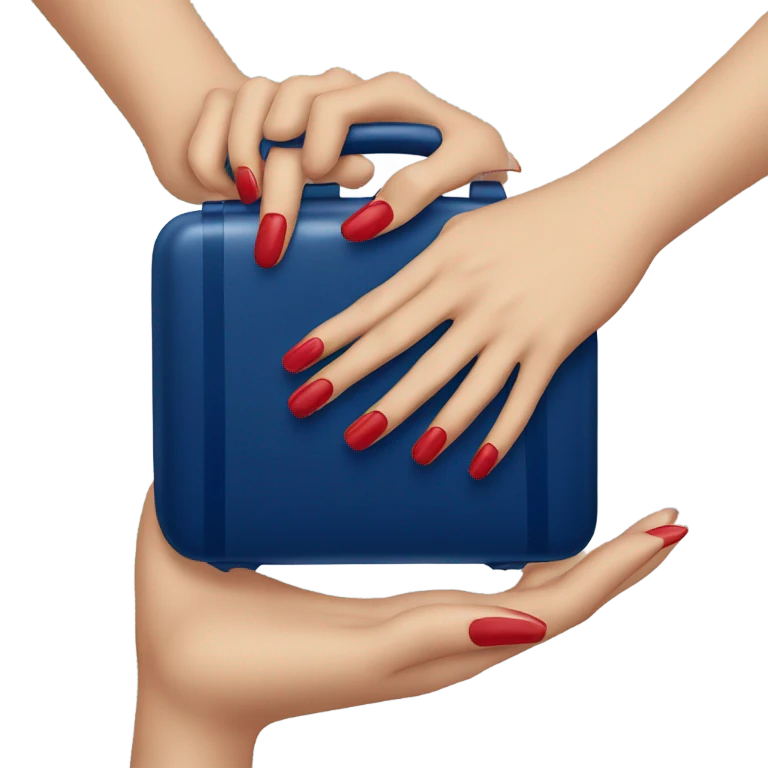 
female hand with red manicure holding a dark blue case emoji