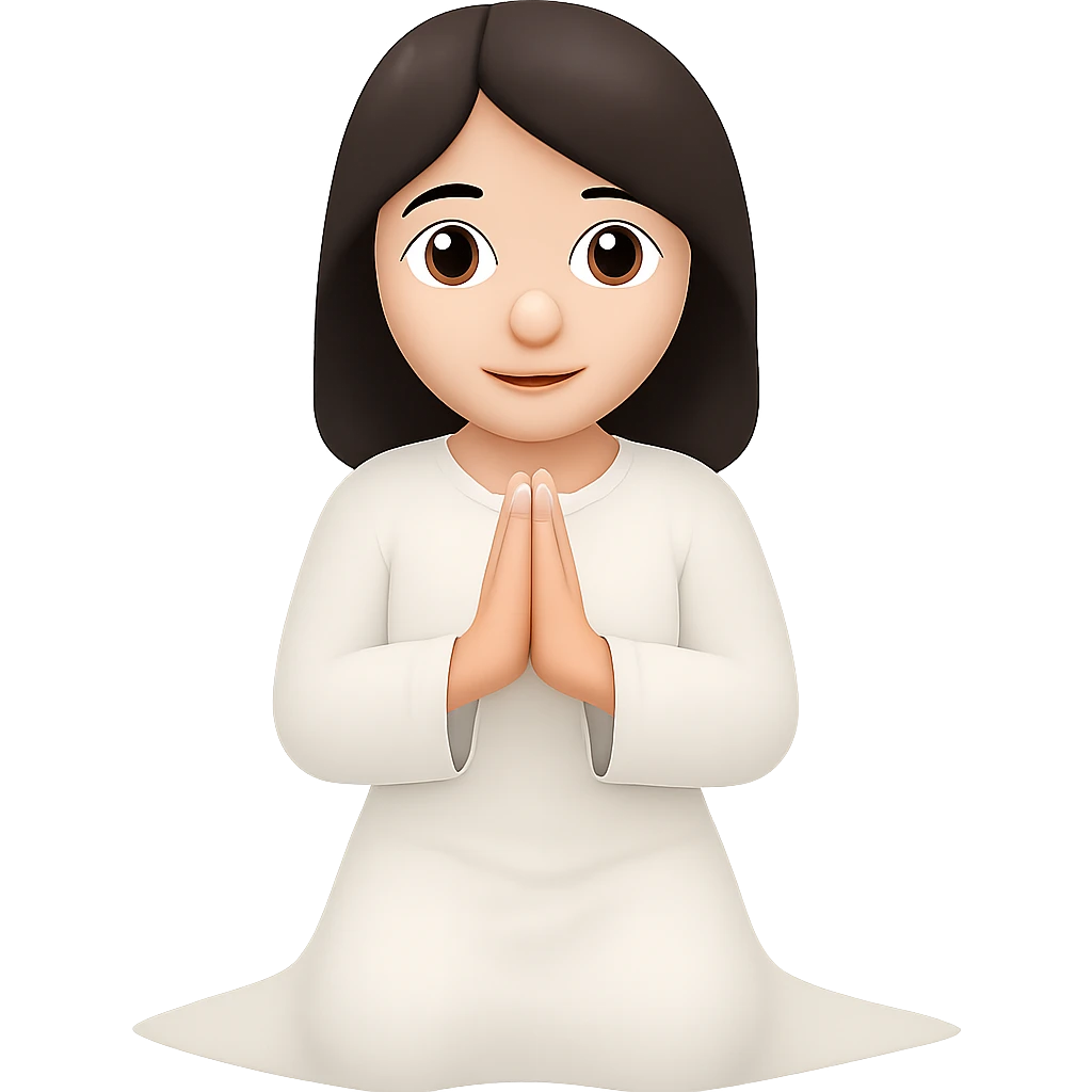 Change the dress to white robes, keep the woman kneeling and praying, long dark brown hair, in emoji style. Remove the background. emoji