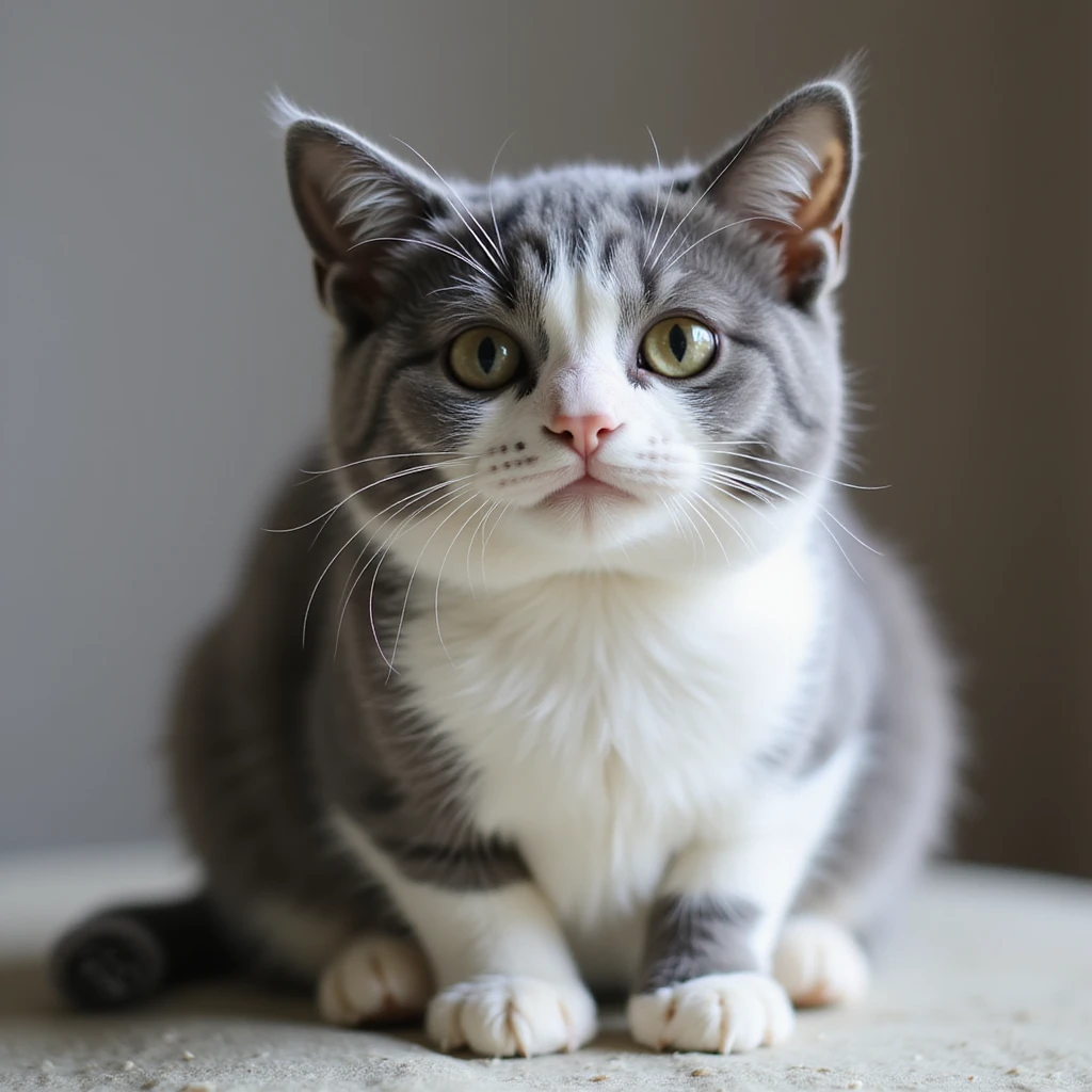 a realistic grey and white cat with a grey top and white belly, legs partly grey and partly white, and a streak of white going up the nose area, soft fur, gentle expression emoji